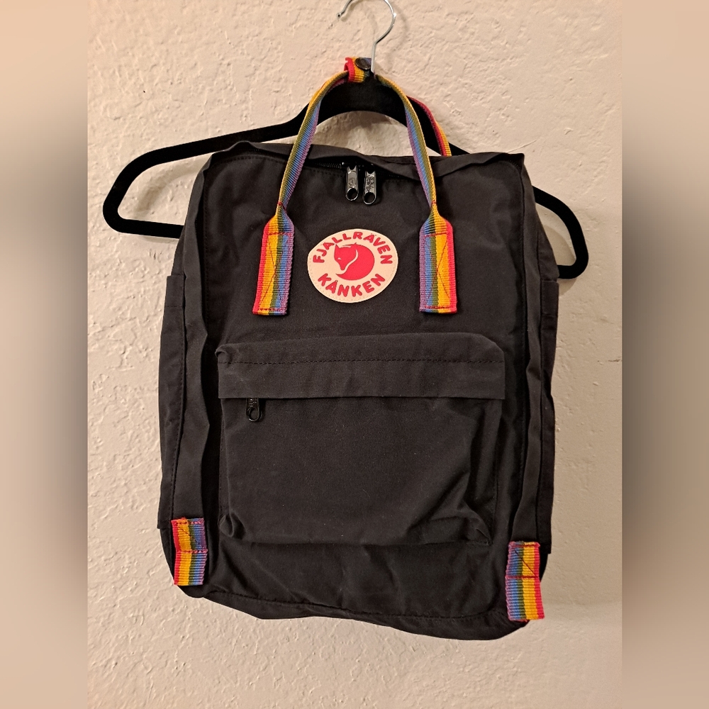 Fjallraven Kanken Black Classic Backpack with Rainbow Accent Straps 🌈